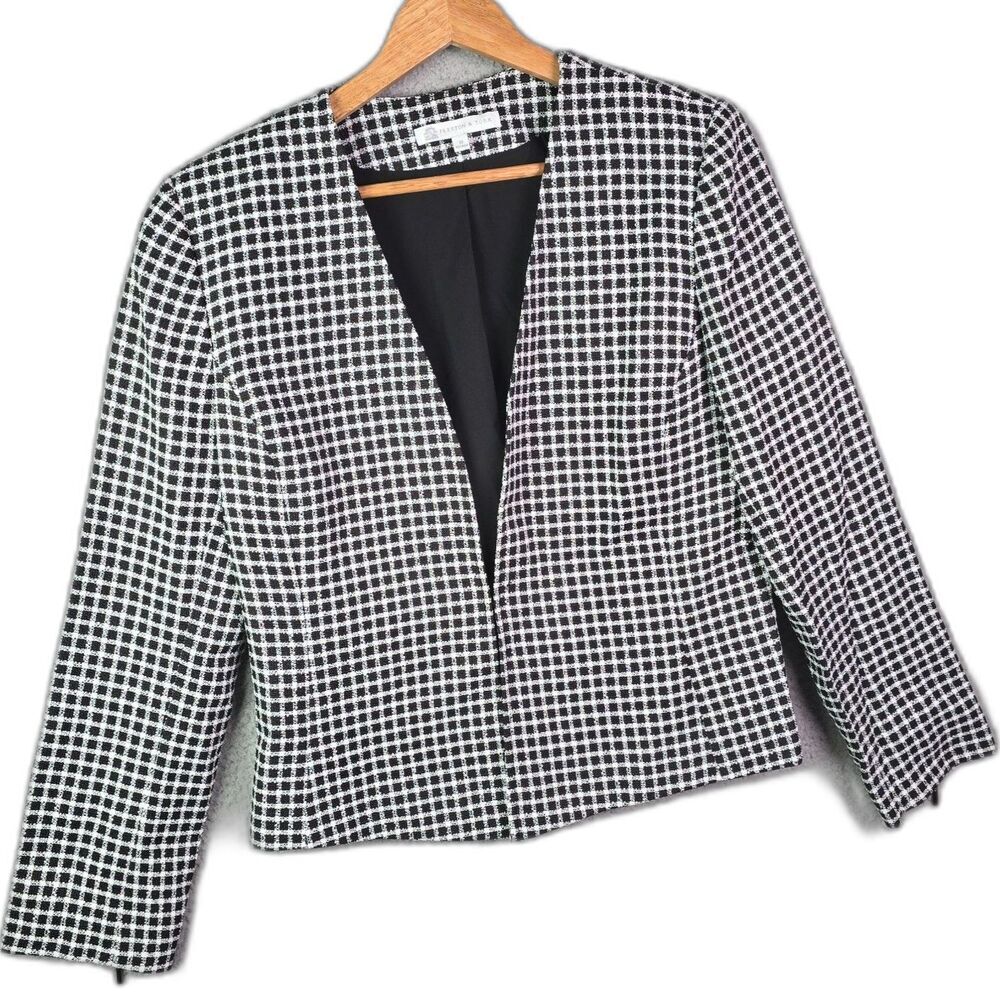 Preston York Blazer Black White 10 Houndstooth Peplum Zipper Cuff